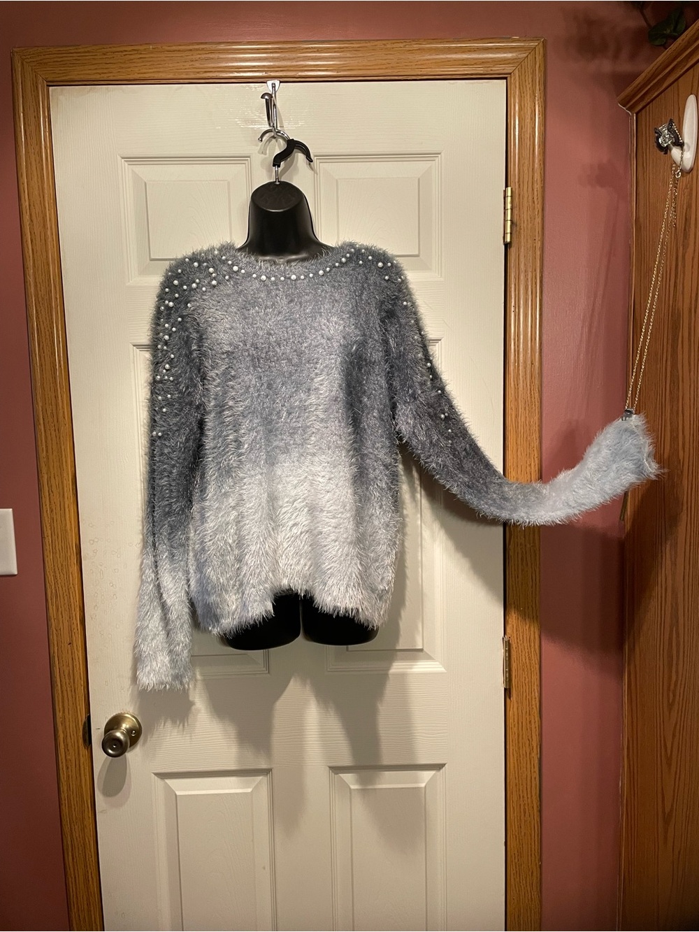 VENUS Fuzzy Ombre Gray Pearl-Trim Crewneck Sweater
